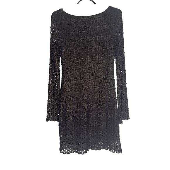 Jodi Kristopher Blk/Gold Metallic Crochet Bell Long Sleeve Women's Medium Dress - Picture 2 of 6